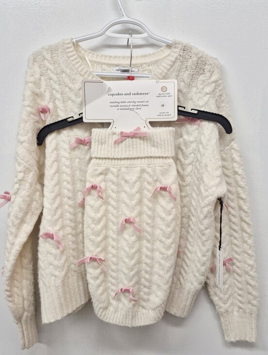 Cupcakes and Cashemre Sweaters - Cupcakes and Cashmere Ivory Pink Bow Sweater Matching Dog Cat Sweater Set M NWT